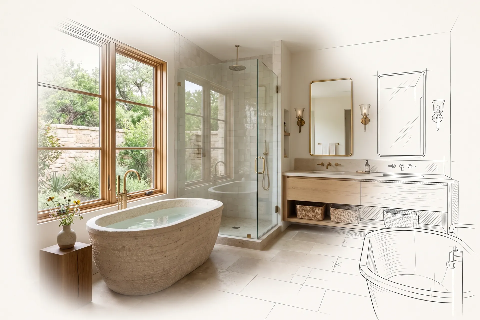 A primary bathroom with a freestanding tub, drawn in pencil at the edges and finished in the middle (concept rendering)