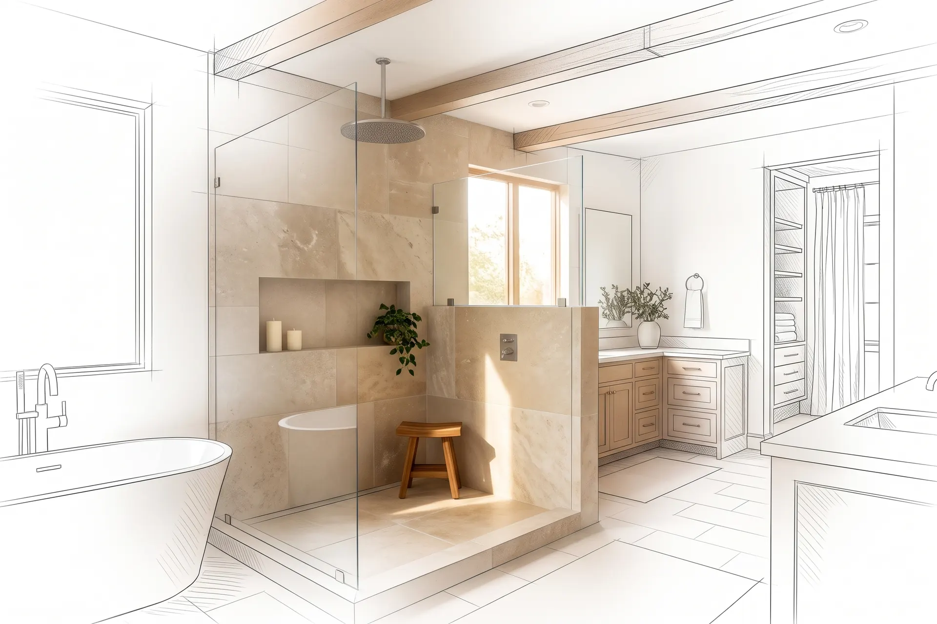 A spa bathroom with a rain shower, drawn in pencil at the edges and finished in the middle (concept rendering)