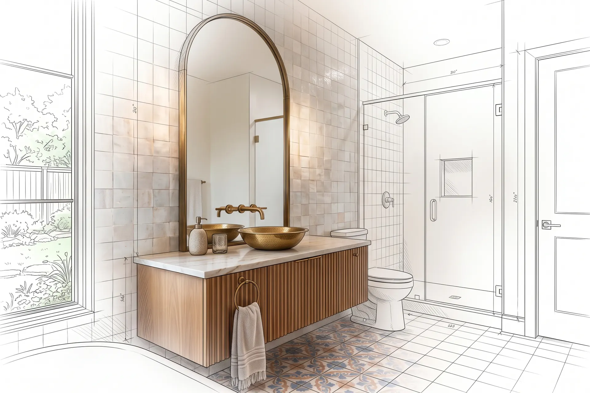 A guest bathroom with an arched mirror, drawn in pencil at the edges and finished in the middle (concept rendering)