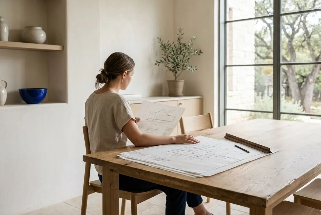 Plan sheets on an oak table in window light (concept rendering)