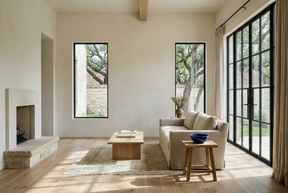 A calm finished living room in morning light (concept rendering)
