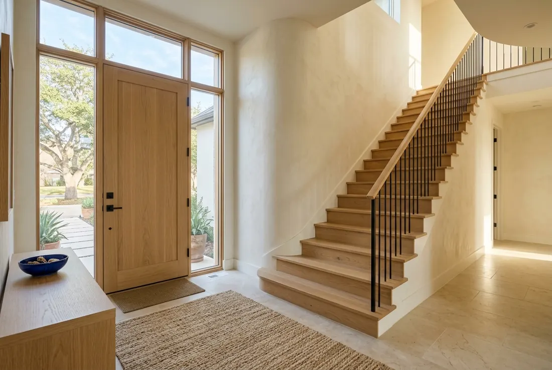 A bright front entry with an oak door and a wood staircase (concept rendering)