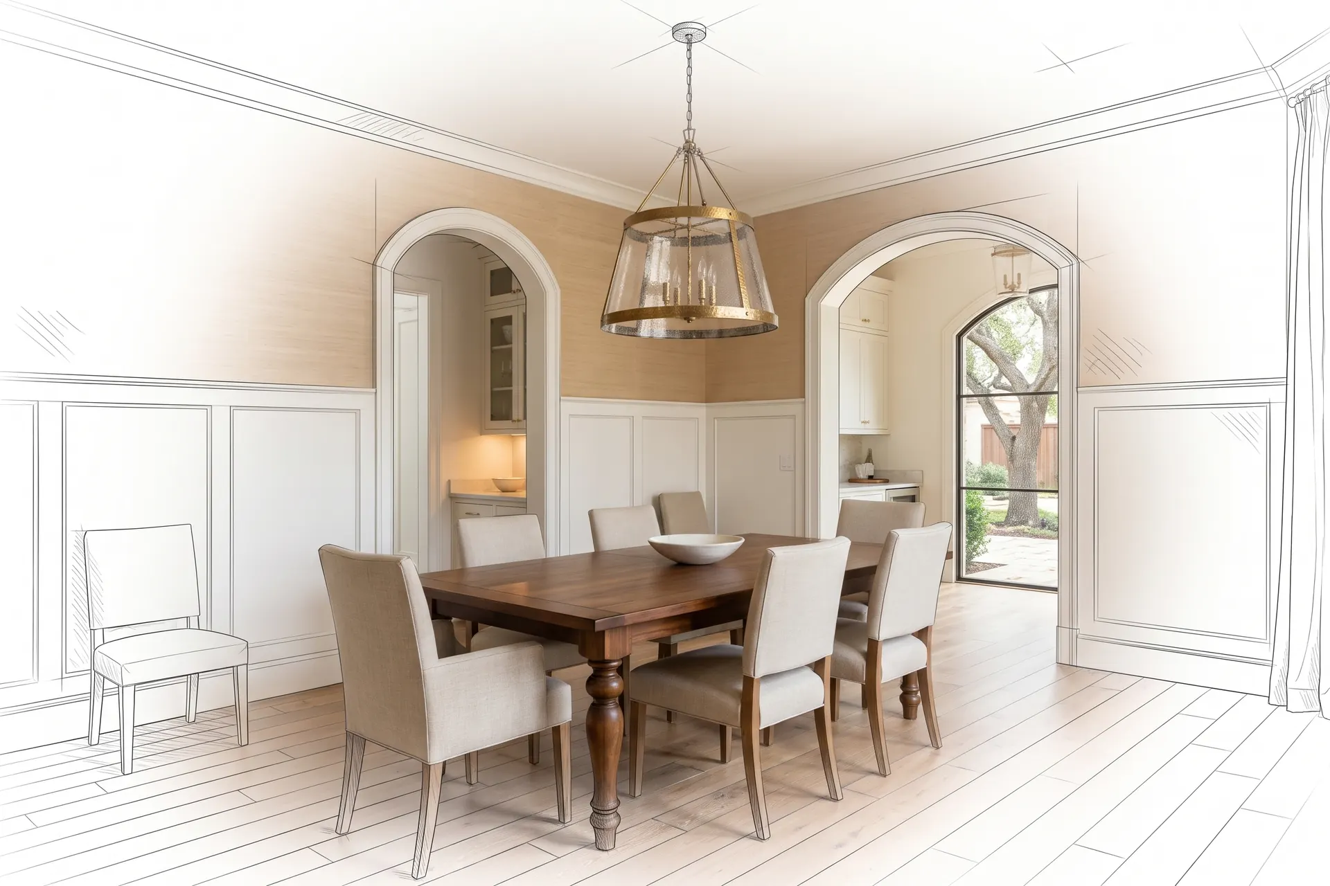 A dining room with a statement pendant, drawn in pencil at the edges and finished in the middle (concept rendering)