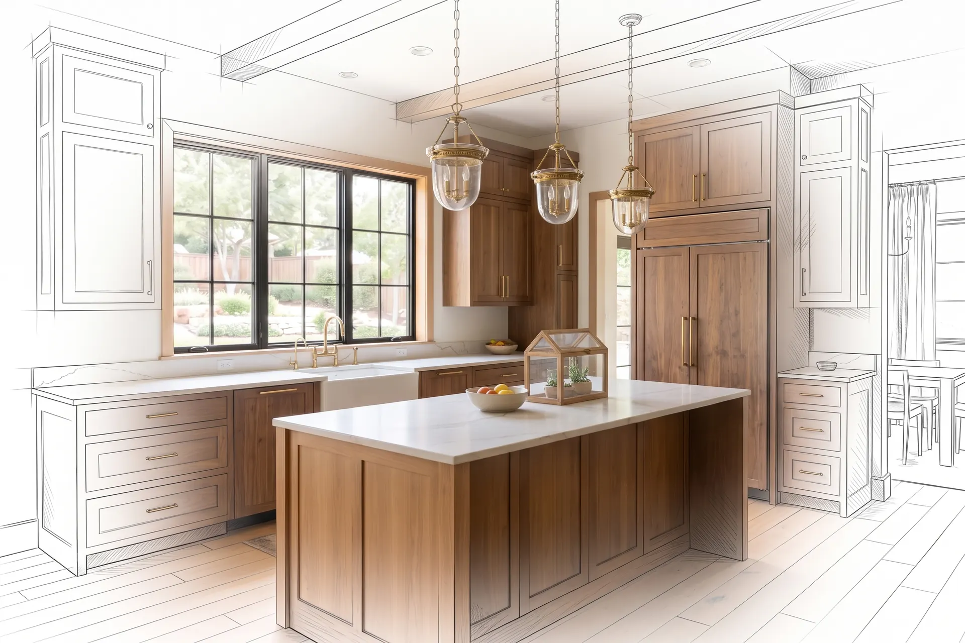 A walnut kitchen with brass pendants, drawn in pencil at the edges and finished in the middle (concept rendering)