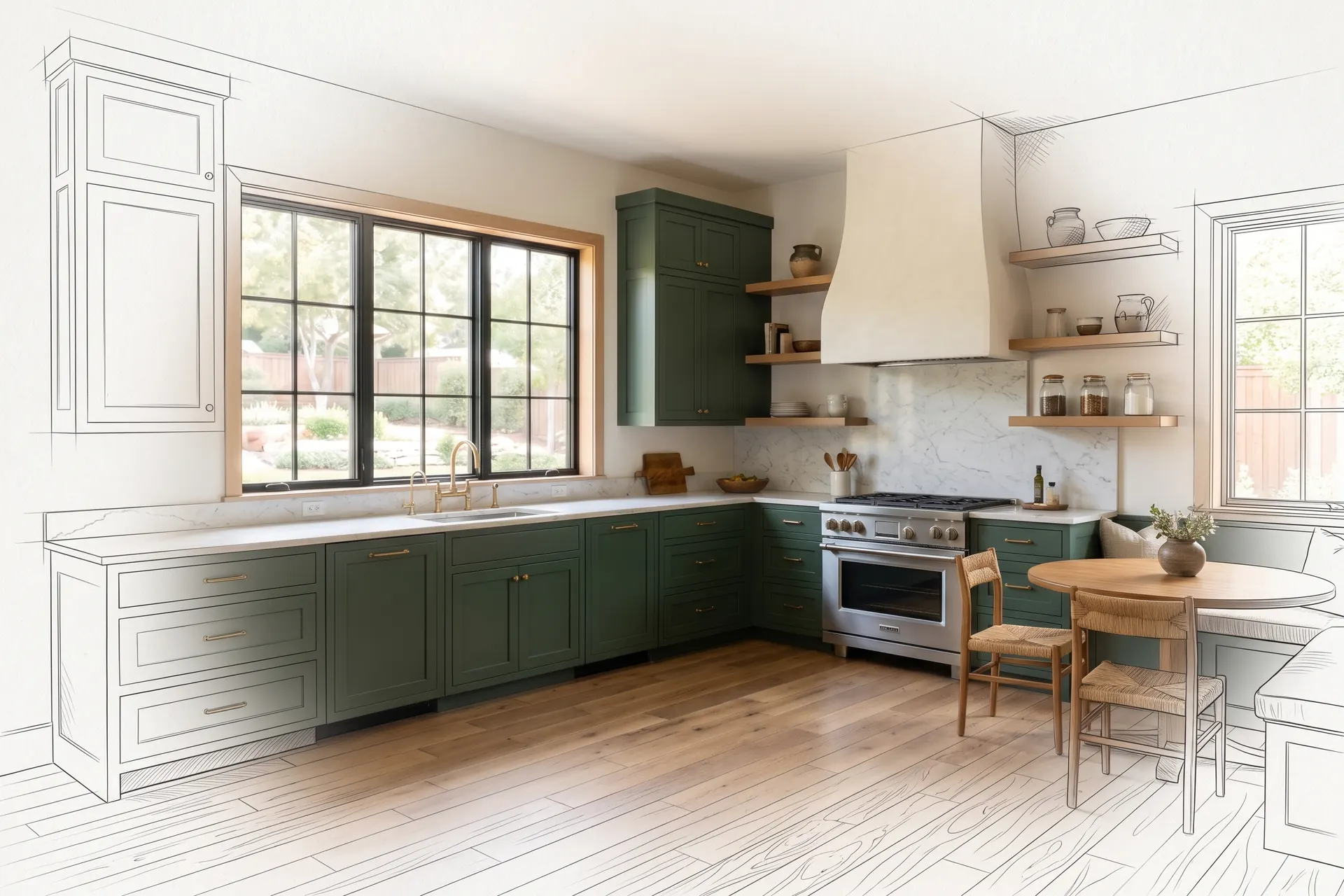A green kitchen with a plaster hood, drawn in pencil at the edges and finished in the middle (concept rendering)
