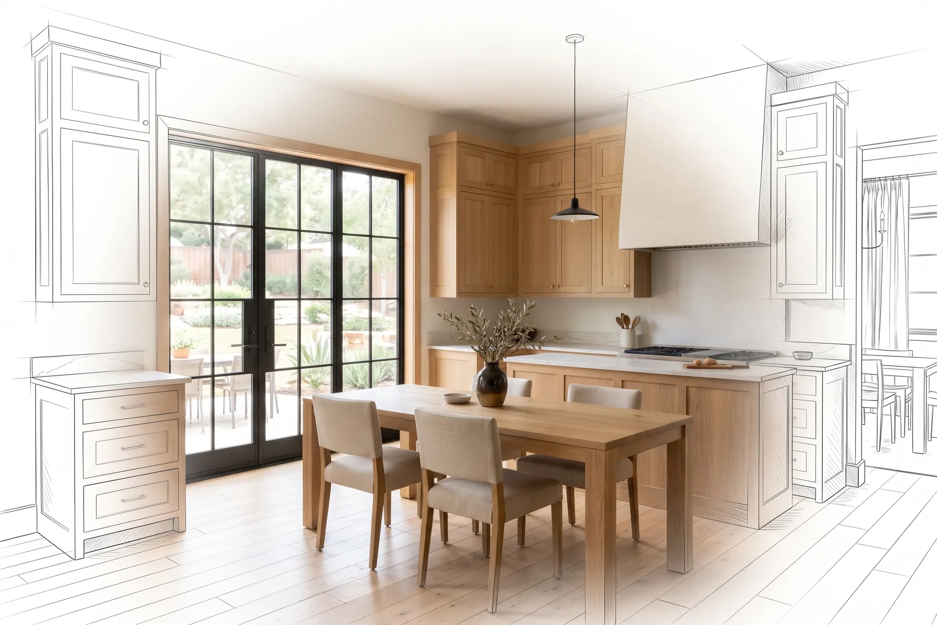 An open kitchen and dining room, drawn in pencil at the edges and finished in the middle (concept rendering)