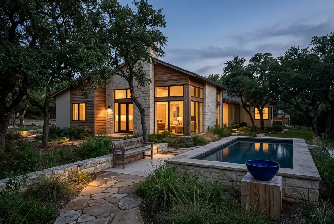 A limestone Hill Country home in Austin at dusk (concept rendering)