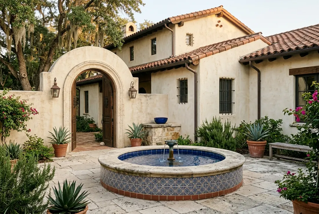 A Spanish revival home with a courtyard fountain (concept rendering)