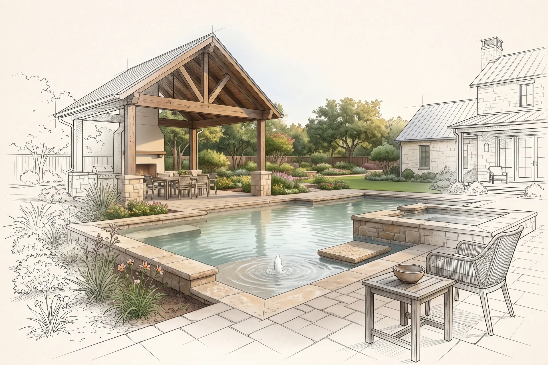 A family pool with a swim-out step, drawn in pencil at the edges and finished in the middle (concept rendering)