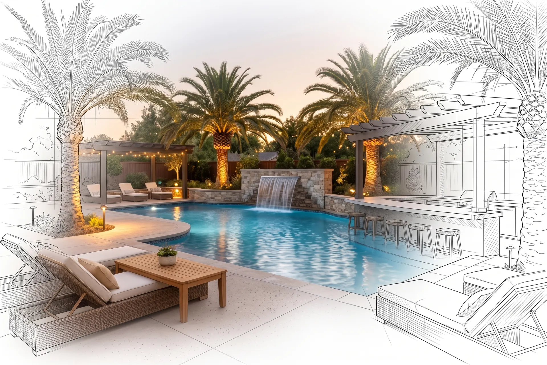 A resort-style pool with a waterfall, drawn in pencil at the edges and finished in the middle (concept rendering)