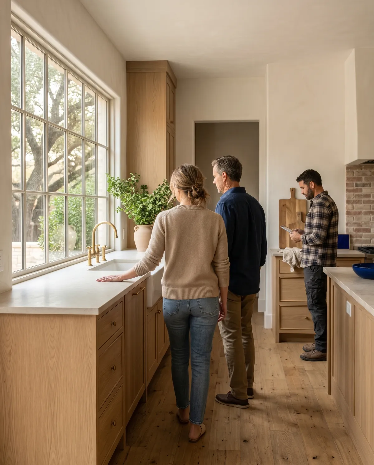 A couple seeing their finished kitchen for the first time (concept rendering)
