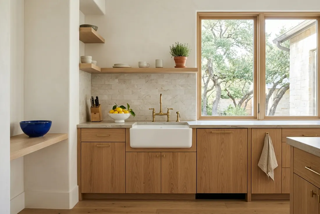 A finished kitchen with oak cabinets and a farmhouse sink (concept rendering)