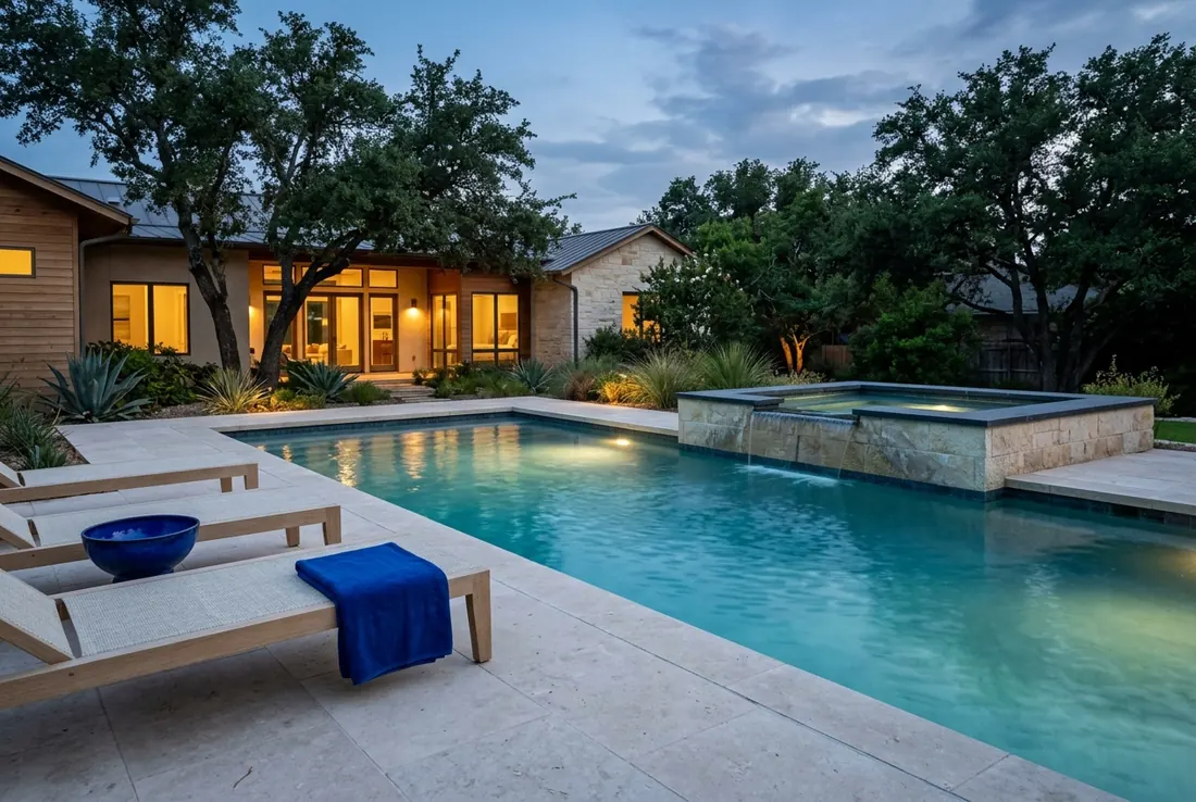 A new backyard pool and spa at blue hour (concept rendering)