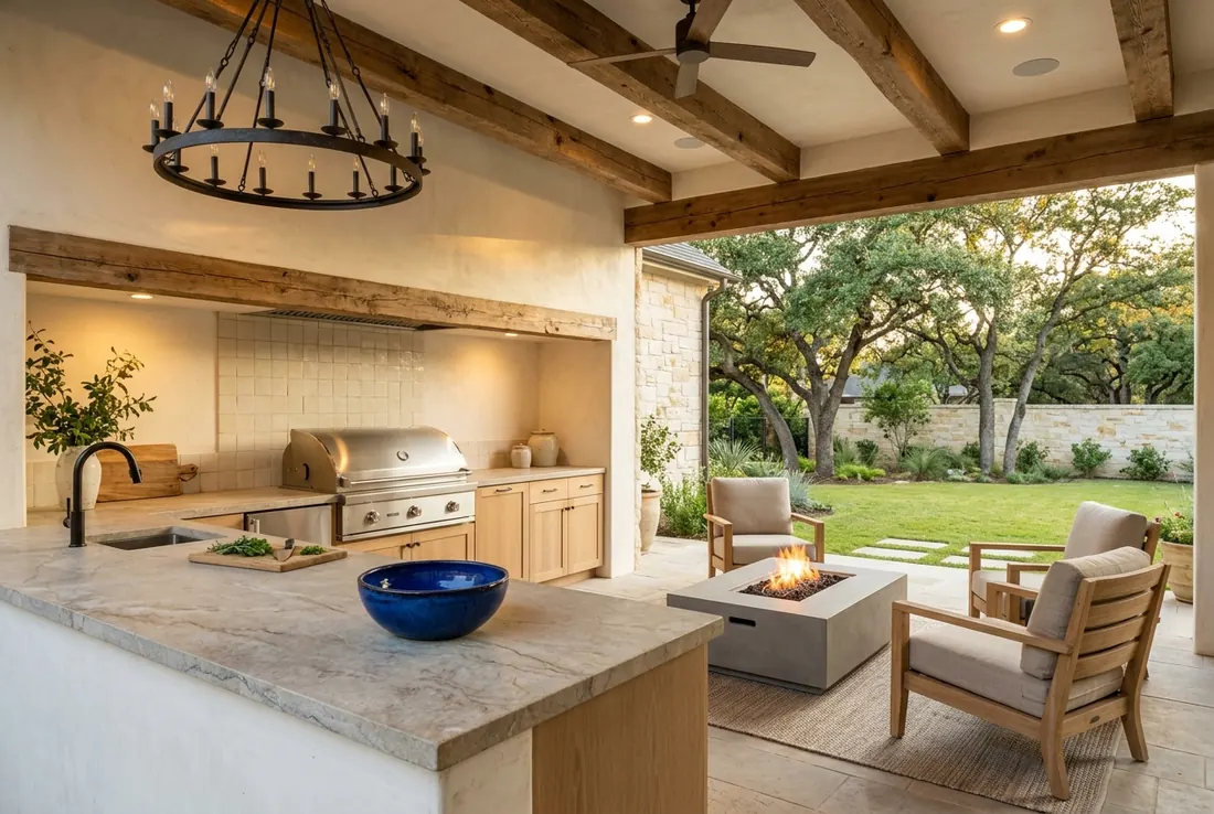 A covered patio with an outdoor kitchen and fire table (concept rendering)