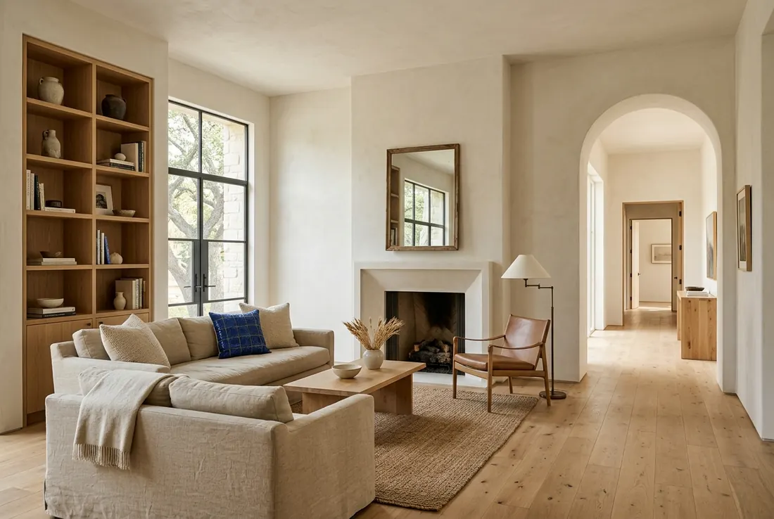 A finished living room with built-in shelves and a fireplace (concept rendering)
