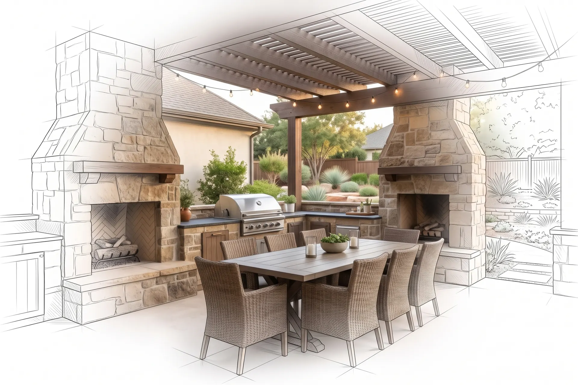 A covered patio with an outdoor kitchen, drawn in pencil at the edges and finished in the middle (concept rendering)