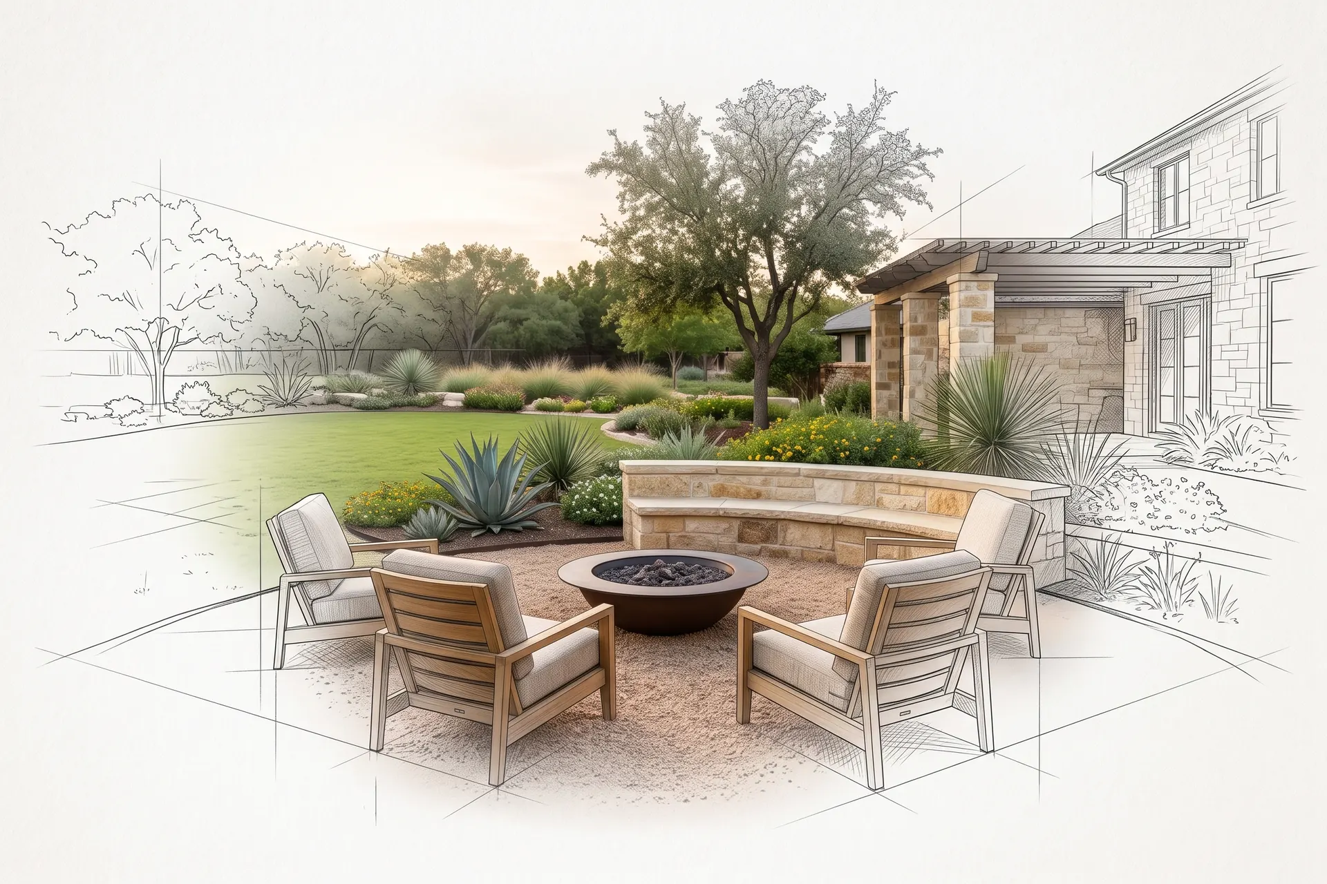 A fire pit lounge on a gravel terrace, drawn in pencil at the edges and finished in the middle (concept rendering)