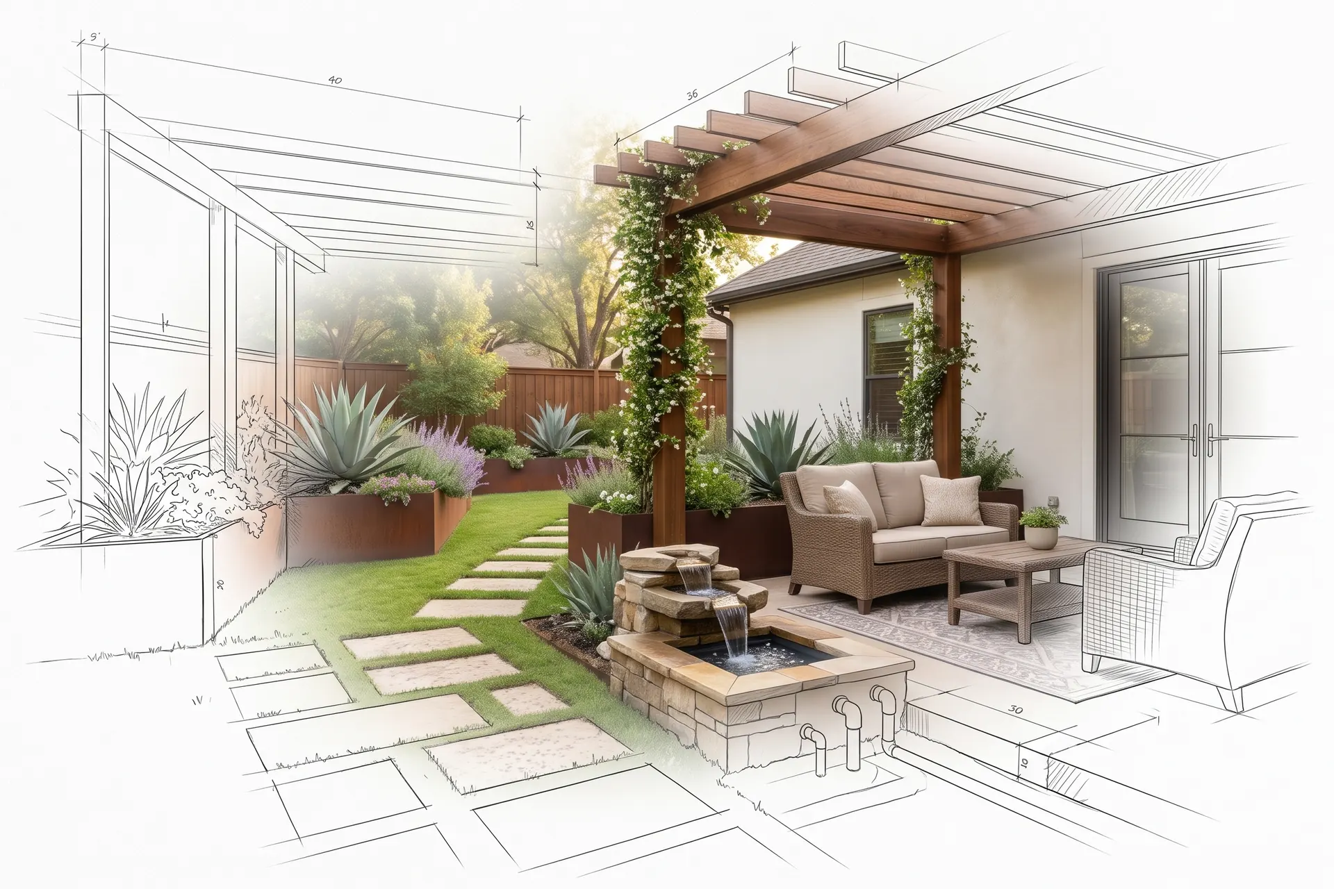 A garden terrace with a pergola, drawn in pencil at the edges and finished in the middle (concept rendering)